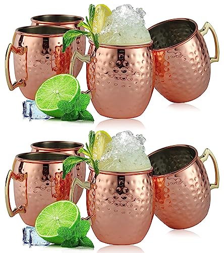 Moscow Mule Mugs Set of 8 | Large Size 19 ounces | Stainless Steel Lining Copper Hammered Cups | | Pure Copper Plating | Gold Brass Handles Gift Pack…