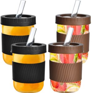 cute boba cups with lid and straws, 4 pack glass bubble tea cups with canning lids, leakproof drinking jars for large pearl, 16oz