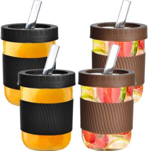 Cute Boba Cups with Lid and Straws, 4 Pack Glass Bubble Tea Cups with Canning Lids, Leakproof Drinking Jars for Large Pearl, 16oz