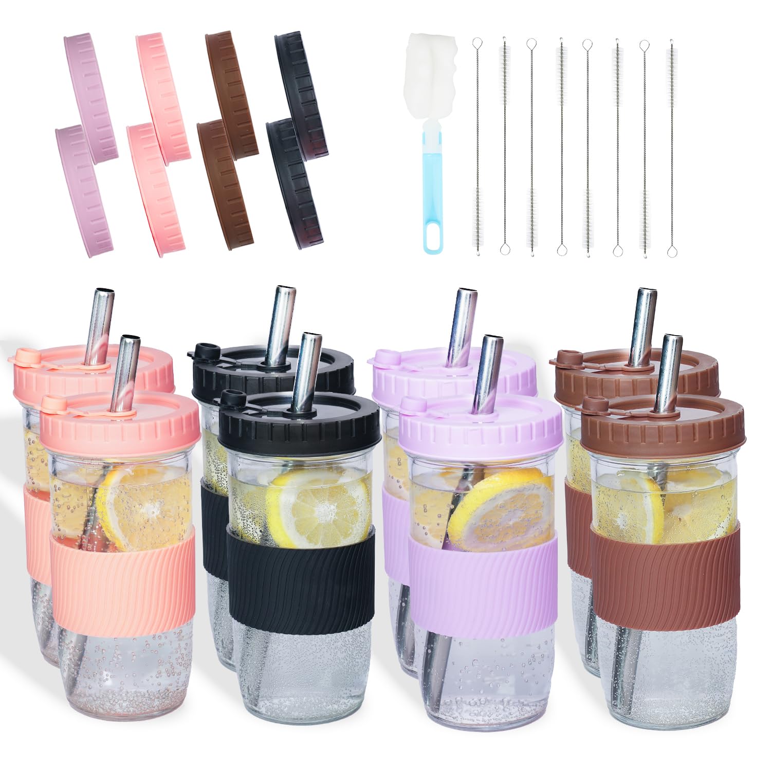 Reusable Boba Cup Bubble Tea Cup 8 Pack, 24Oz Wide Mouth Smoothie Cups with Lid, Silicone Sleeve & Angled Wide Straws, Leakproof Glass Mason Jars Drinking Water Bottle Travel Tumbler for Large Pearl