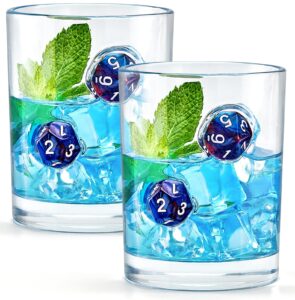 liigemi whiskey glasses with polyhedral dices embedded, whiskey cups gift set of 2,unique handmade design, rocks glass 10oz（blue）