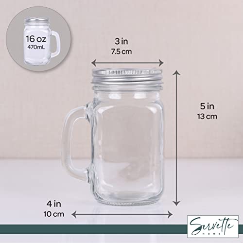 Mason Jar Drinking Glasses with Handles & Silver Lid - Set of 2