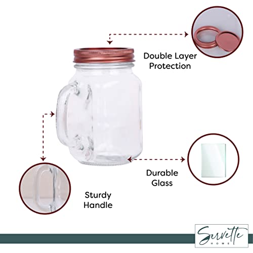 Mason Jar Drinking Glasses with Handles & Silver Lid - Set of 2