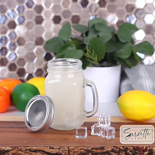 Mason Jar Drinking Glasses with Handles & Silver Lid - Set of 2