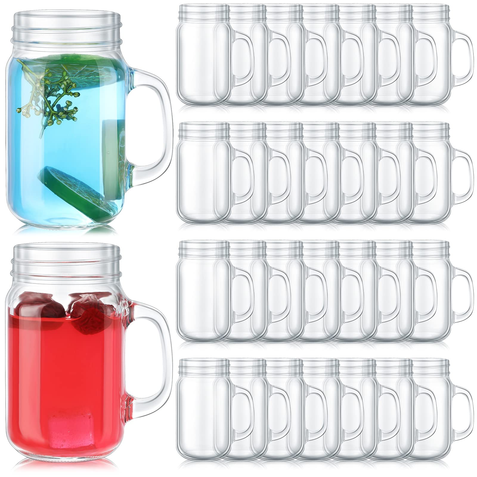 Zubebe Mason Drinking Jars No Lids Mason Jar Mugs with Handles Glass Mason Jar Cups Clear Mason Drinking Glasses for Beer, Coffee, Cold Beverages, Cocktails, Shakes, Sodas, Juice (30, 16 oz)