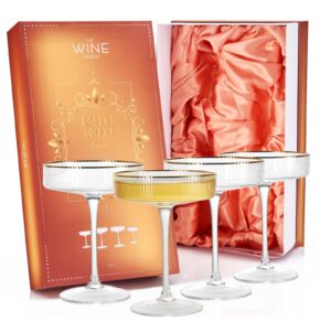 ribbed coupe glasses with gold rim, for martini, champagne, cocktails | set of 4 | 8 oz classic manhattan glasses speakeasy cocktail, ripple coupes glasses, art deco gatsby vintage, crystal stemmed