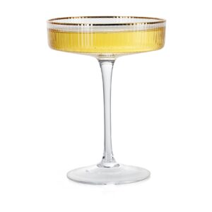 Ribbed Coupe Glasses With Gold Rim, For Martini, Champagne, Cocktails | Set of 4 | 8 oz Classic Manhattan Glasses Speakeasy Cocktail, Ripple Coupes Glasses, Art Deco Gatsby Vintage, Crystal Stemmed