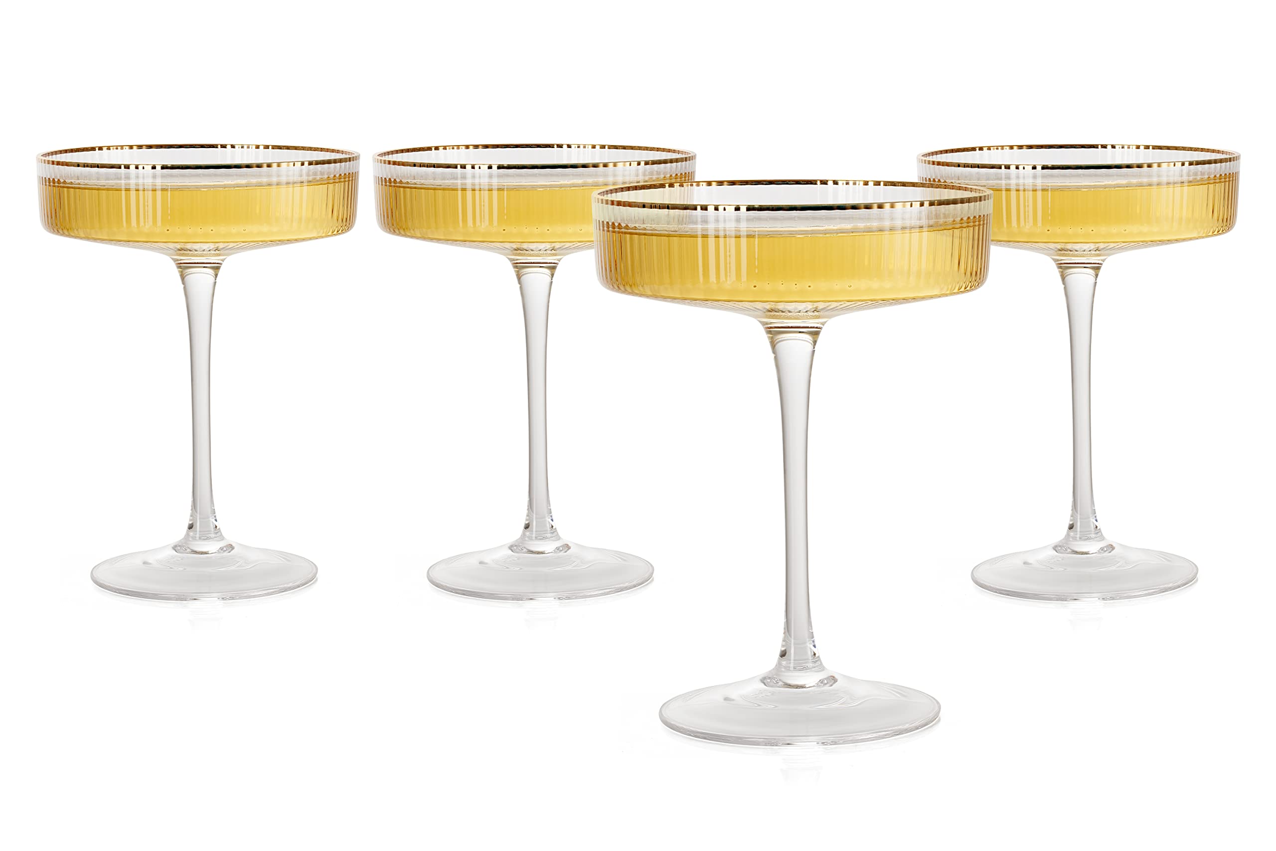 Ribbed Coupe Glasses With Gold Rim, For Martini, Champagne, Cocktails | Set of 4 | 8 oz Classic Manhattan Glasses Speakeasy Cocktail, Ripple Coupes Glasses, Art Deco Gatsby Vintage, Crystal Stemmed