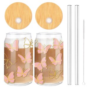 whaline butterfly glass cups with bamboo lids and straws gold line butterfly drinking glasses 16oz pink white ice coffee cup for cocktails whiskey beer soda gifts, 2 pack