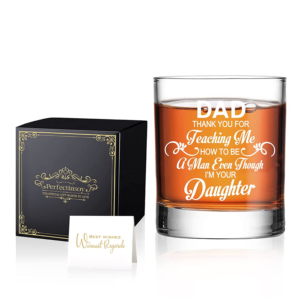 Perfectinsoy Dad Thank You For Teaching Me How To Be A Man Even Though I'M Your Daughter Whiskey Glass with Gift Box, Funny dad gifts from kids, Birthday Gifts for Dad, Gift For Dad From Daughter