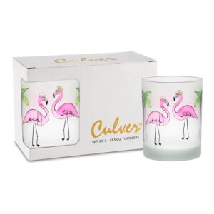 culver tropical decorated frosted double old fashioned tumbler glasses, 13.5-ounce, gift boxed set of 2 (fedora pink flamingos)
