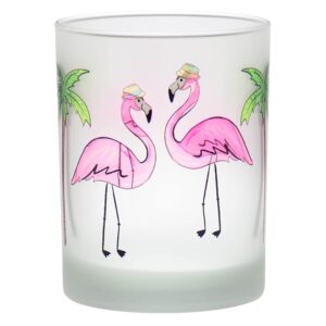 Culver Tropical Decorated Frosted Double Old Fashioned Tumbler Glasses, 13.5-Ounce, Gift Boxed Set of 2 (Fedora Pink Flamingos)