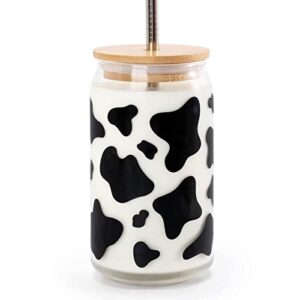 nefelibata cow print beer can glass with bamboo lid metal straw and cleaning brush 16oz iced coffee cup tumbler glass tea milk soda cute animal mug gifts for cow lovers kitchen bar summer