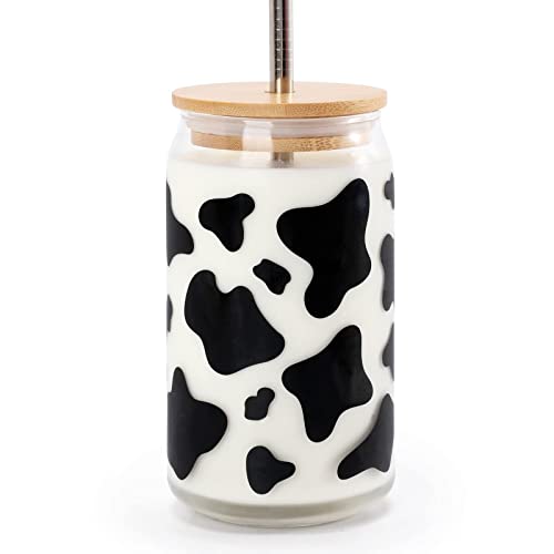 Nefelibata Cow Print Beer Can Glass with Bamboo Lid Metal Straw and Cleaning Brush 16oz Iced Coffee Cup Tumbler Glass Tea Milk Soda Cute Animal Mug Gifts for Cow Lovers Kitchen Bar Summer