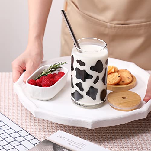 Nefelibata Cow Print Beer Can Glass with Bamboo Lid Metal Straw and Cleaning Brush 16oz Iced Coffee Cup Tumbler Glass Tea Milk Soda Cute Animal Mug Gifts for Cow Lovers Kitchen Bar Summer