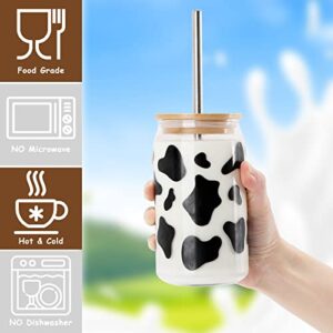 Nefelibata Cow Print Beer Can Glass with Bamboo Lid Metal Straw and Cleaning Brush 16oz Iced Coffee Cup Tumbler Glass Tea Milk Soda Cute Animal Mug Gifts for Cow Lovers Kitchen Bar Summer