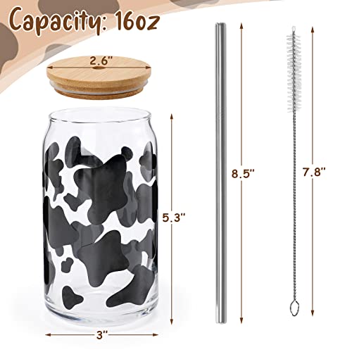 Nefelibata Cow Print Beer Can Glass with Bamboo Lid Metal Straw and Cleaning Brush 16oz Iced Coffee Cup Tumbler Glass Tea Milk Soda Cute Animal Mug Gifts for Cow Lovers Kitchen Bar Summer