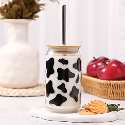 Nefelibata Cow Print Beer Can Glass with Bamboo Lid Metal Straw and Cleaning Brush 16oz Iced Coffee Cup Tumbler Glass Tea Milk Soda Cute Animal Mug Gifts for Cow Lovers Kitchen Bar Summer