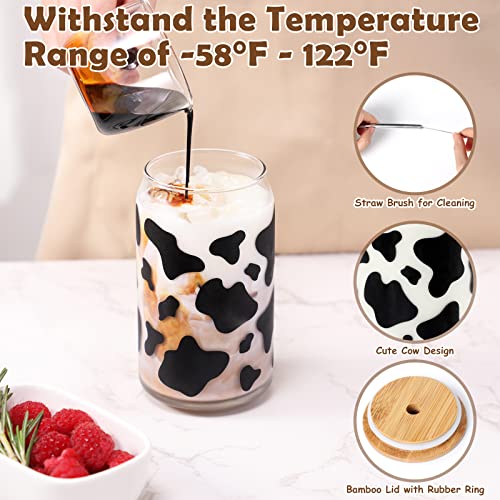 Nefelibata Cow Print Beer Can Glass with Bamboo Lid Metal Straw and Cleaning Brush 16oz Iced Coffee Cup Tumbler Glass Tea Milk Soda Cute Animal Mug Gifts for Cow Lovers Kitchen Bar Summer