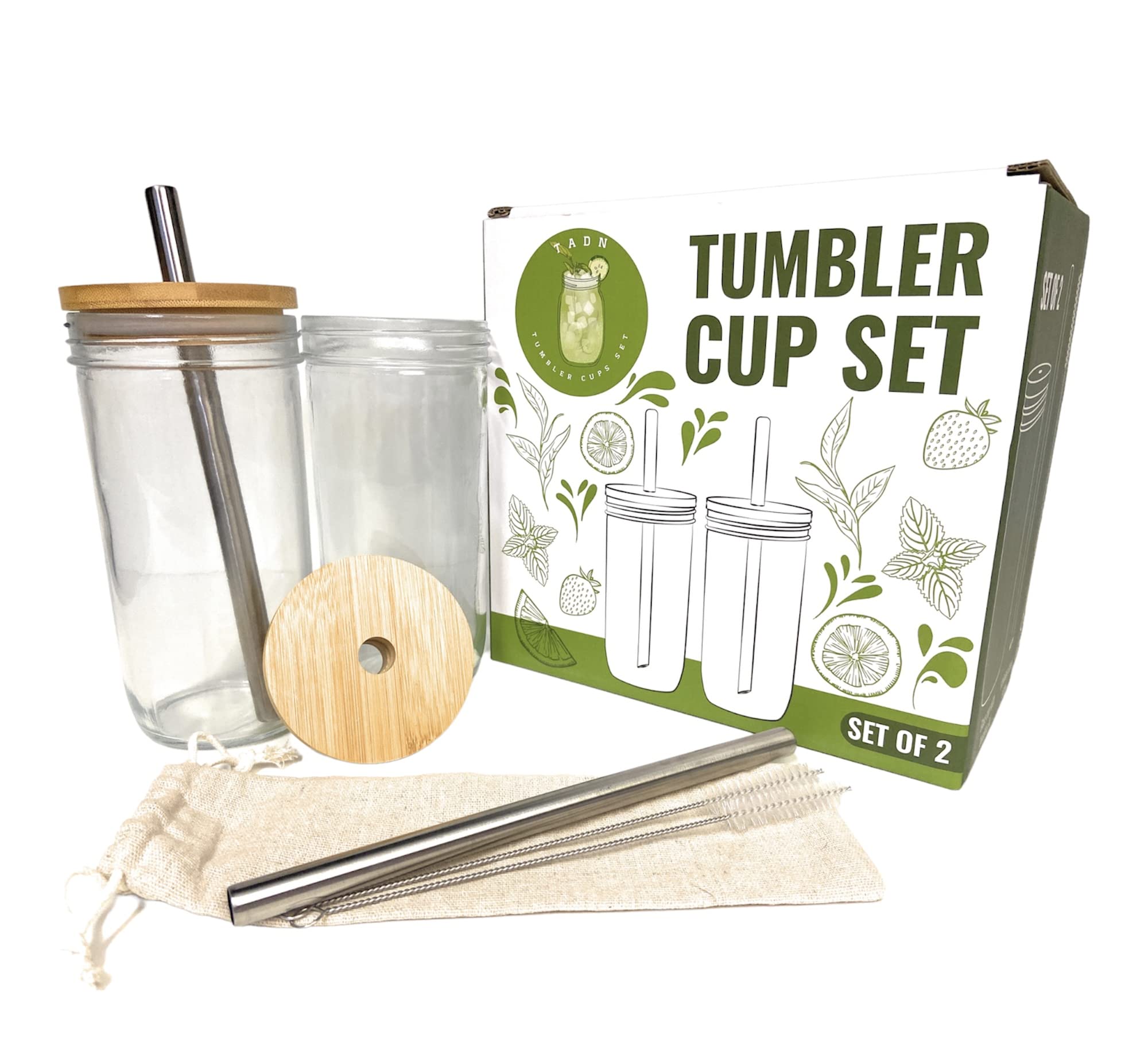 TADN Tumbler Cup Set with Lids and Straws 24oz (Set of 2) Wide Mouth Drinking Glasses Cups - Modern Style - Great for Smoothie, Bubble tea, Fresh Water, Ice Coffee -Reusable