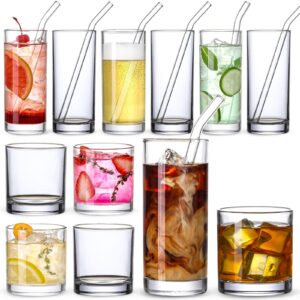 12-pack 12oz glass cups with straws, drinkware glasses set for water, coffee, cocktails