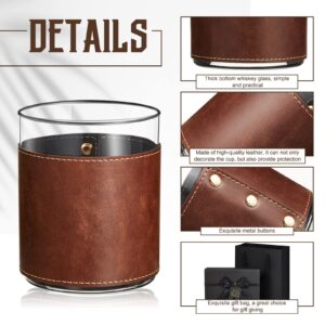 2 Sets Leather Rocks Glasses 11.5 oz Leather Wrapped Whiskey Glasses with Gift Box Glass Sleeve Bourbon Glass Gift for Men Father (Brown)