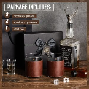 2 Sets Leather Rocks Glasses 11.5 oz Leather Wrapped Whiskey Glasses with Gift Box Glass Sleeve Bourbon Glass Gift for Men Father (Brown)