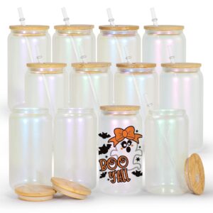 agh 16oz sublimation glass blanks with bamboo lid and plastic straws, 12 pack transparent chameleon glasses tumbler mason jar cups for iced coffee, juice, soda, drinks