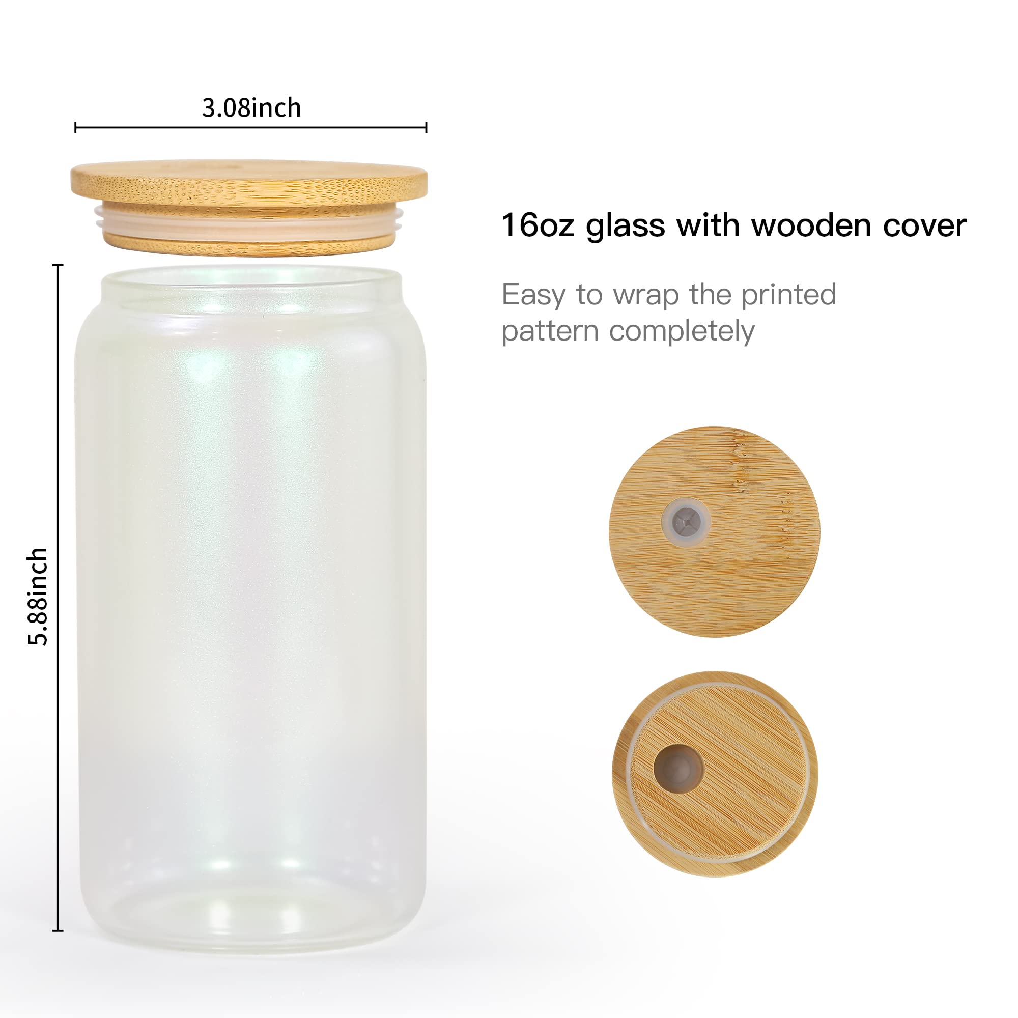 AGH 16OZ Sublimation Glass Blanks with Bamboo Lid and Plastic Straws, 12 Pack Transparent Chameleon Glasses Tumbler Mason Jar Cups for Iced Coffee, Juice, Soda, Drinks