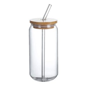 16 oz glass cups with bamboo lids and glass straw and brush to clean -beer can shaped drinking glasses, iced coffee glasses, cute tumbler cup for smoothie, boba tea, whiskey, water