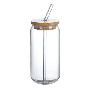 16 oz Glass Cups With Bamboo Lids And Glass Straw And Brush to clean -Beer Can Shaped Drinking Glasses, Iced Coffee Glasses, Cute Tumbler Cup for Smoothie, Boba Tea, Whiskey, Water