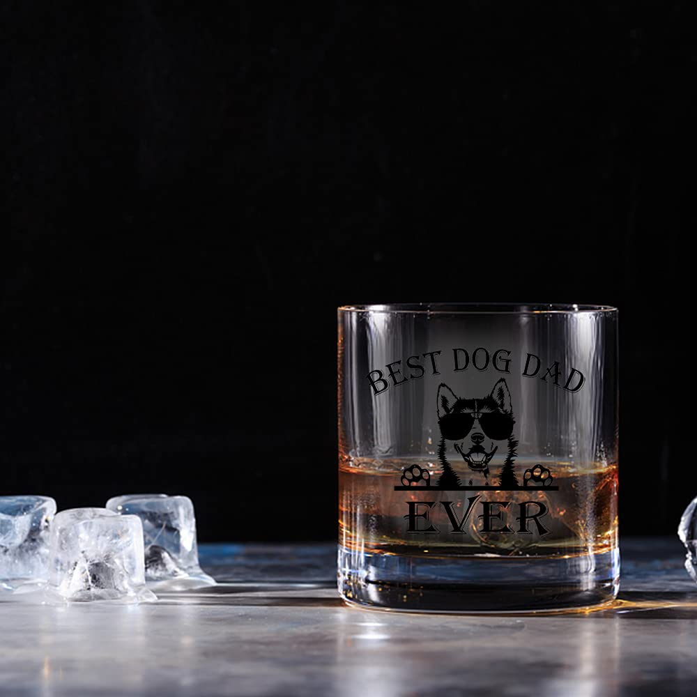 Perfectinsoy Dog Dad Ever Whiskey Glass with Gift Box, Cute Husky Dog Themed, Dog Lover Gifts for Him, Dog Dads, Dad, Grandpa, Uncle, Brothers, Husband, Whiskey Glass Gift for Dog Lovers …