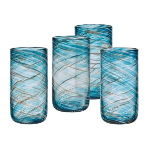 Mikasa Color Swirl Highball Glass Tumbler Cups, Set of 4, Blue