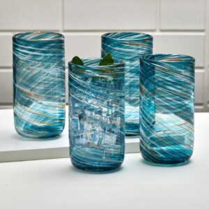 Mikasa Color Swirl Highball Glass Tumbler Cups, Set of 4, Blue