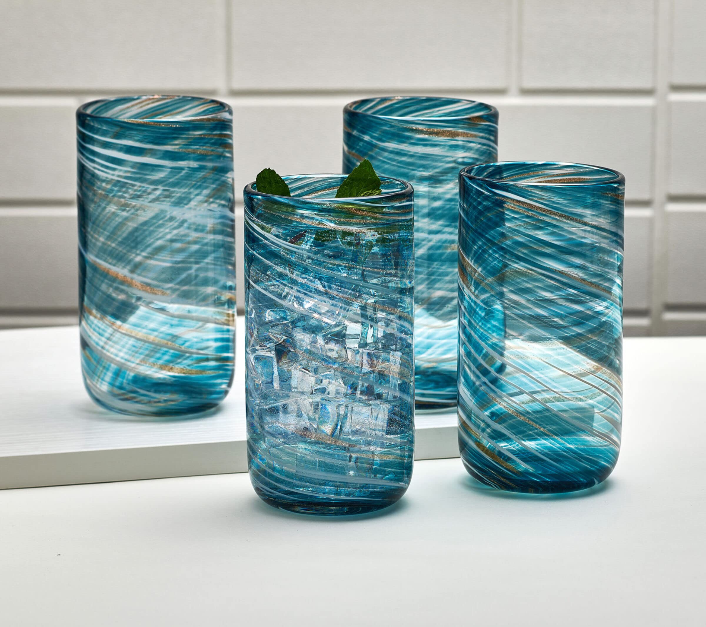 Mikasa Color Swirl Highball Glass Tumbler Cups, Set of 4, Blue