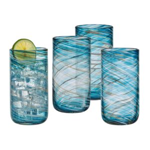 Mikasa Color Swirl Highball Glass Tumbler Cups, Set of 4, Blue