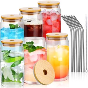 nuogo glass beer can with straws and lid set can shaped cups pint drinking glass for soda juice beverage smoothies iced drinks cocktails drinkware (6, 16 oz)
