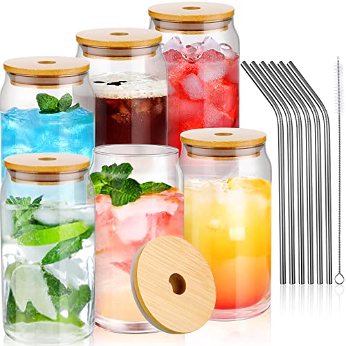 Nuogo Glass Beer Can With Straws and Lid Set Can Shaped Cups Pint Drinking Glass for Soda Juice Beverage Smoothies Iced Drinks Cocktails Drinkware (6, 16 OZ)