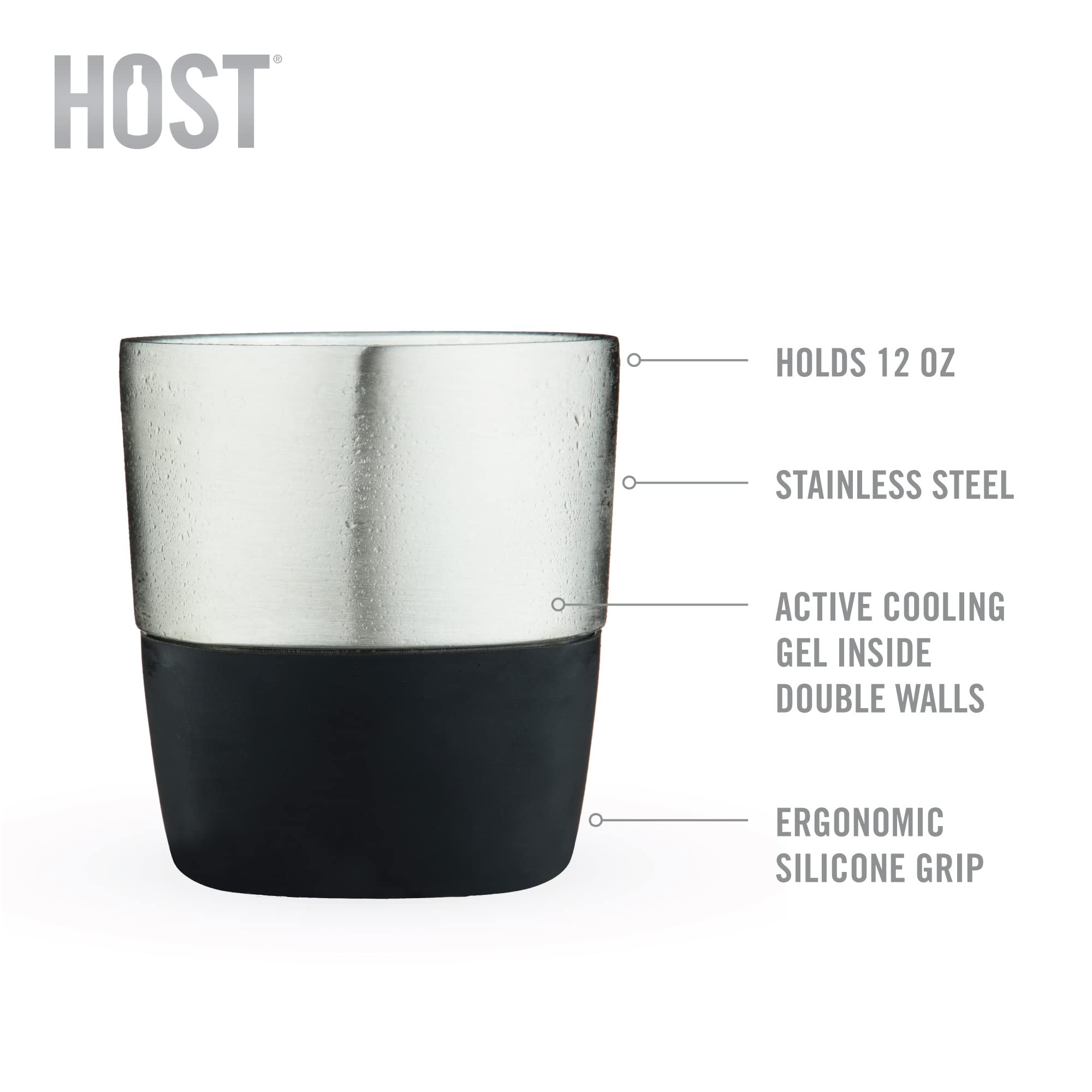 Host Whiskey FREEZE Pro Cups for Bourbon or Cocktails, Active Cooling Gel Chiller Double-Walled Freezer Tumblers, 12 Oz Stainless Steel Set of 1