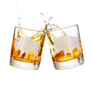 greenline goods buffalo etched whiskey glasses – 11 oz set of 2 buffalo cocktail glass - old fashioned bar set, crystal whiskey glasses, decor cocktail cabin glasses set - buffalo bourbon glasses