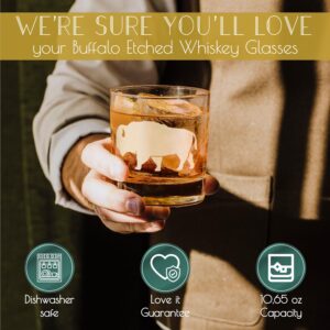 Greenline Goods Buffalo Etched Whiskey Glasses – 11 oz Set of 2 Buffalo Cocktail Glass - Old Fashioned Bar Set, Crystal Whiskey Glasses, Decor Cocktail Cabin Glasses Set - Buffalo Bourbon Glasses