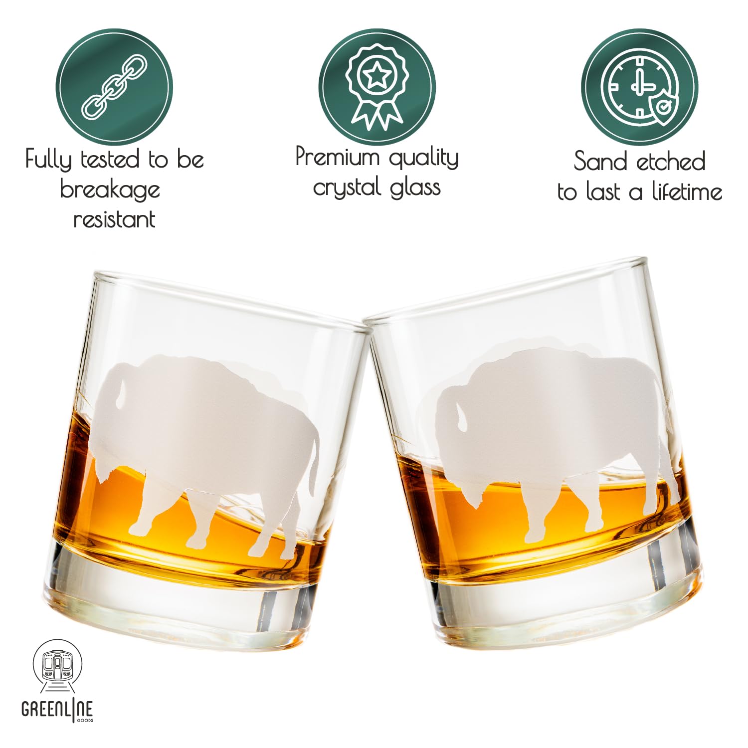 Greenline Goods Buffalo Etched Whiskey Glasses – 11 oz Set of 2 Buffalo Cocktail Glass - Old Fashioned Bar Set, Crystal Whiskey Glasses, Decor Cocktail Cabin Glasses Set - Buffalo Bourbon Glasses