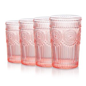 joeyan pink drinking glass cups,flower embossed romantic water tumblers,vintage highball glassware for juice beverage wine cocktail,great for wedding party home daily use,11.5 oz,set of 4