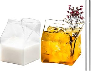 cocktail glasses 12oz/360ml set of 2 glass milk carton box creamers lead-free martini glass mixing cups mini house-shaped square container pitcher for cocktails milk coffee juice whiskey gift