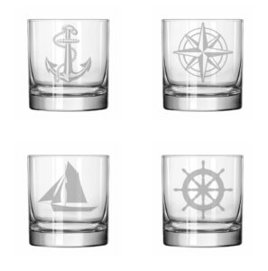 set of 4 glass 11 oz rocks whiskey highball anchor boat compass nautical collection