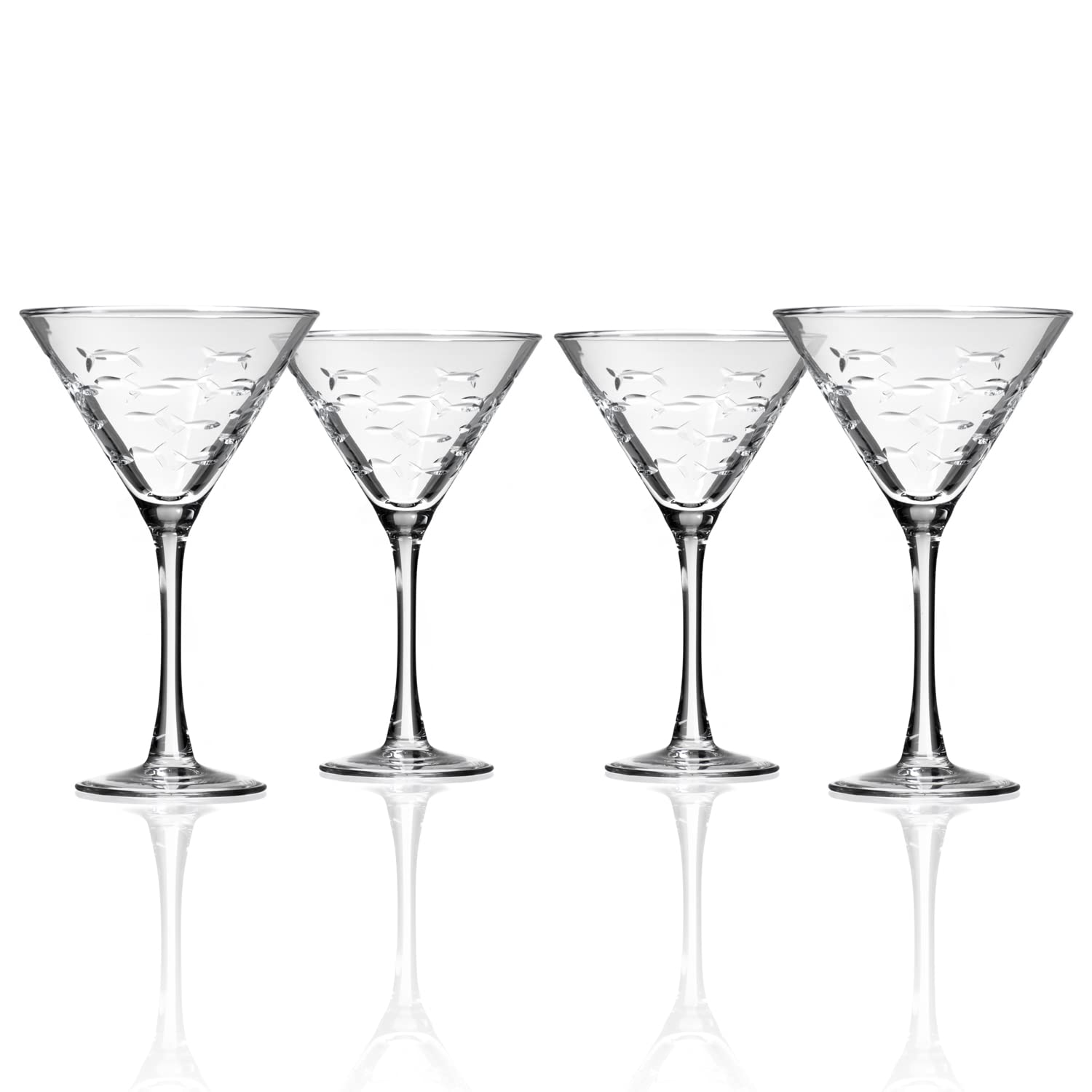 Rolf Glass School of Fish Martini Glass | Stemmed 7.5 oz. Martini Glasses | Lead-Free Glass | Diamond-Wheel Engraved Cocktail Glasses | Made in the USA (Set of 4)