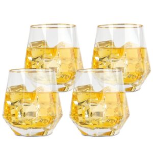 creekview home emporium scotch glass set - diamond designed 4pc clear whiskey glasses with gold rim for special events