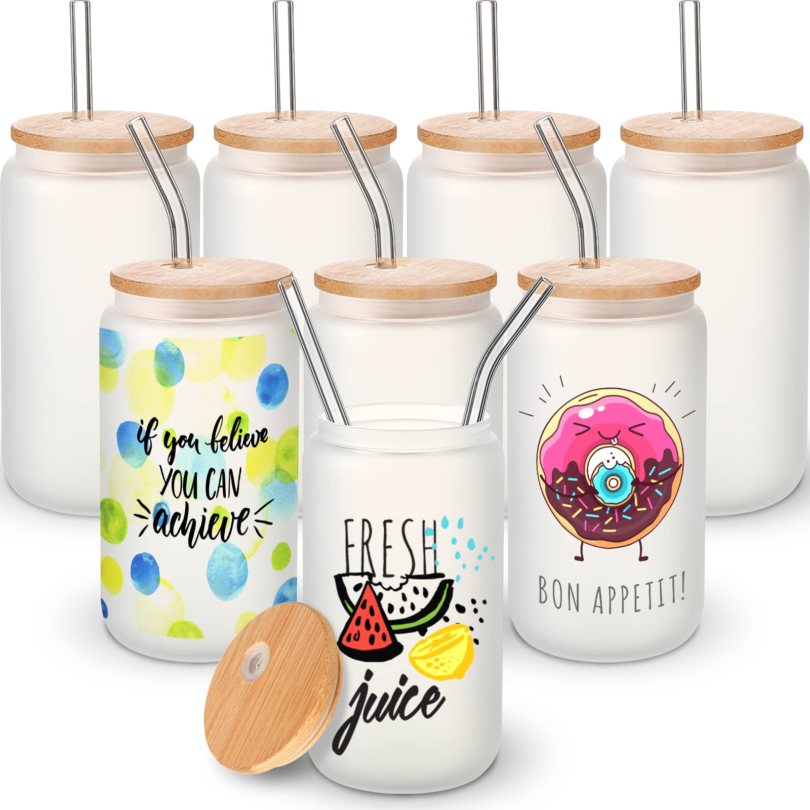 Remerry 8 Pack 16 oz Sublimation Blank Glass Cup with Bamboo Lids and Glass Straws, Heat Transfer Frosted Beer Can Tumbler Mug Cup for Soda Cocktail Juice Coffee Drinks