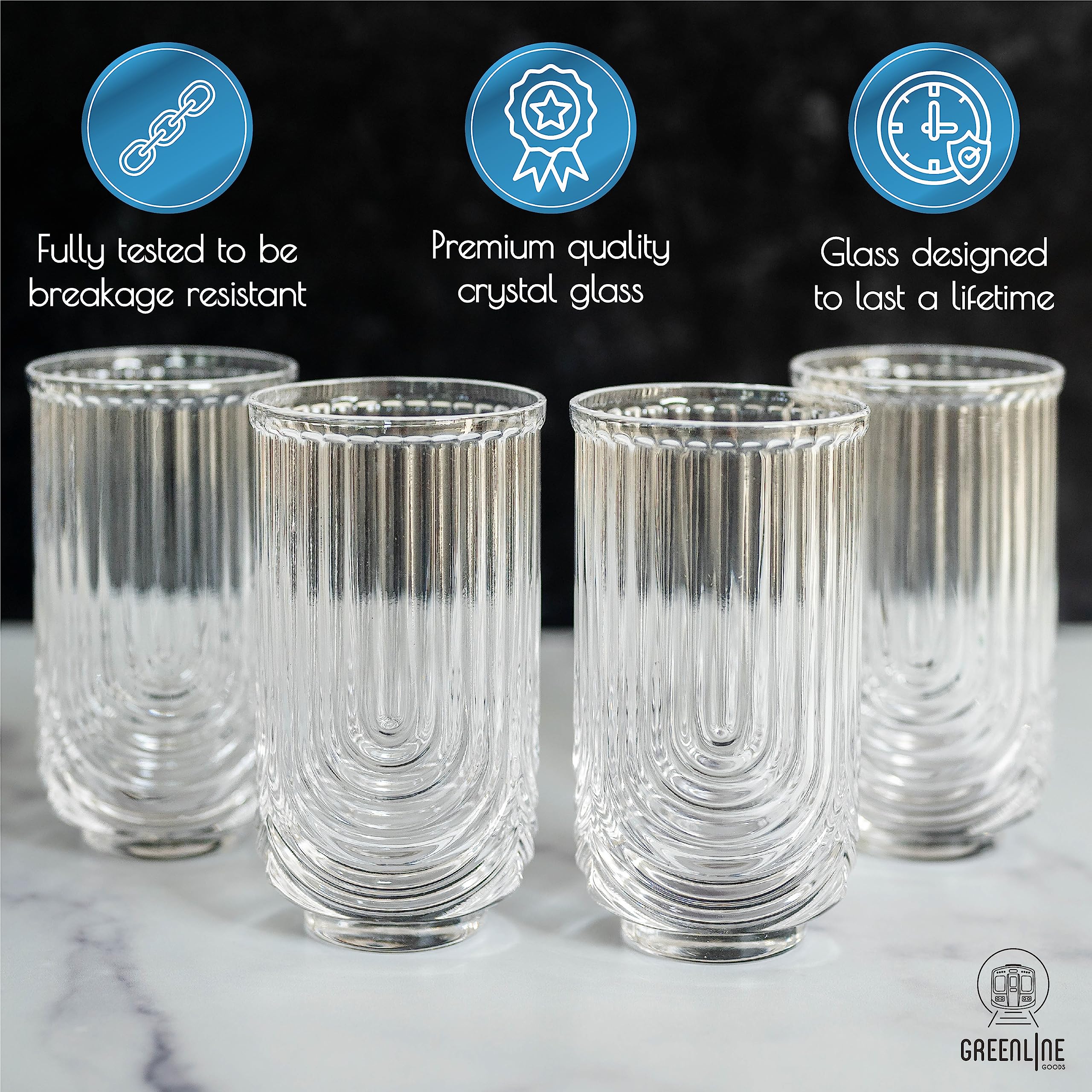 Greenline Goods Art Deco Cocktail Glasses (Set Of 4) Highball Ribbed Wave Glasses - 14oz Vintage Crystal Glasses Drinking Set - Ripple Aesthetic Tumblers For Drinking - Heavy Base Retro Origami Design