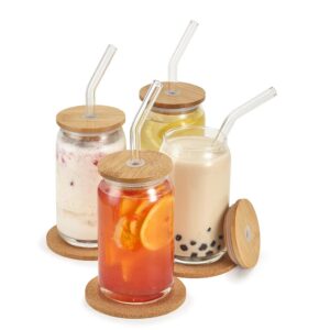 Altfun Drinking Glasses with Bamboo Lids,Glass Straw and Coaster 4pcs-16oz Can Shaped Glass Cups,Beer Glasses,Iced Coffee Glasses,Cute Tumbler Cup,Ideal for Cocktail,Whiskey,Gift-2 Cleaning Brushes